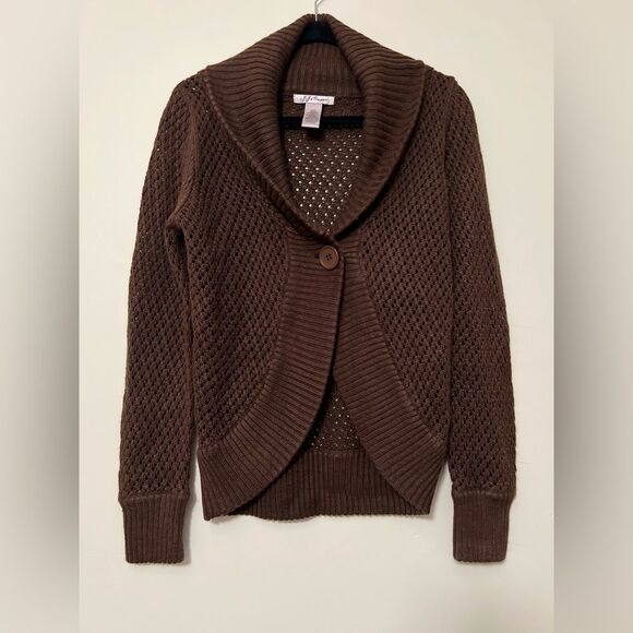 J.J. Original Brown‎ Knit Cardigan Sweater Large Single Button Shawl Collar - Picture 1 of 5
